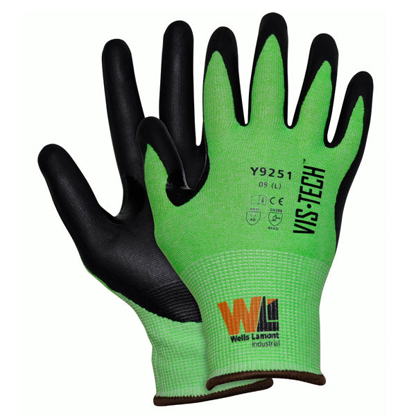 Vis-Tech Hi-Visibility Cut Resistant ANSI A6 Cut 18 Gauge Gloves, Large